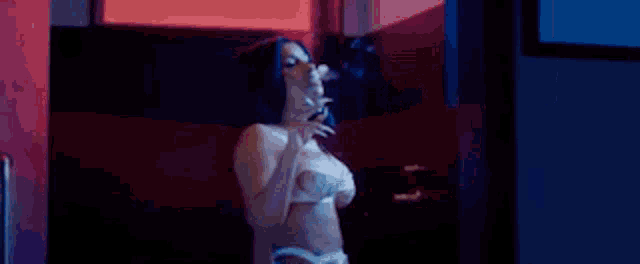 a woman in lingerie is standing in front of a mirror .