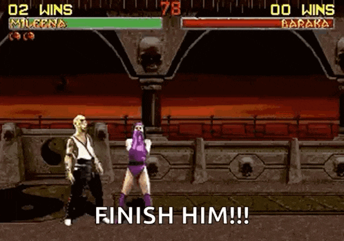 a video game scene with a man and a woman standing next to each other and the words finish him .