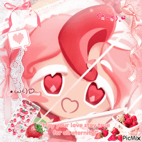 a picture of a girl with hearts on her face and the words may your love stay true for all eternity