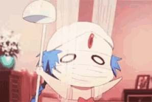 a cartoon character with a bandaged head and blue hair is holding a spoon .