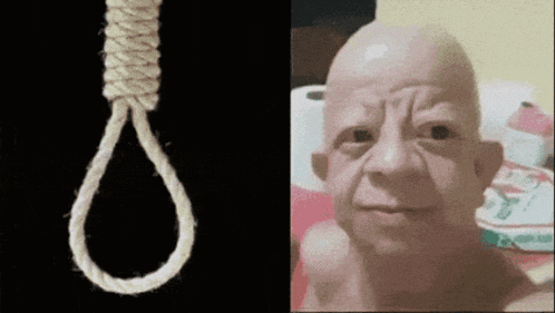 a picture of a rope hanging next to a picture of a bald man