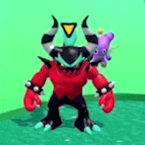 a cartoon character with horns and a triangle on his head is standing in front of a green background .