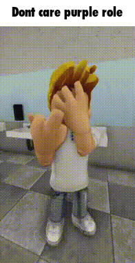 a cartoon character is covering his face with his hands and the words `` dont care purple role '' .