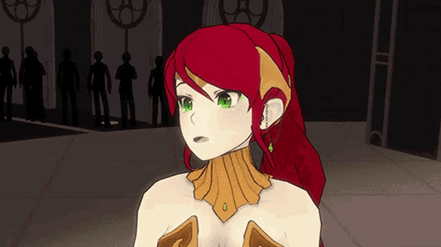 a woman with red hair and green eyes is standing in front of a group of people