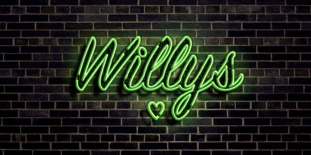a neon sign that reads willy 's on a brick wall