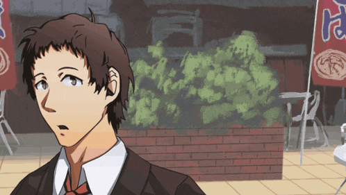 a man in a suit and tie stands in front of a sign that says " ramen "