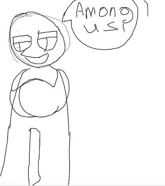 a black and white drawing of a person with a speech bubble saying among us .