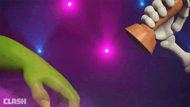 a green hand is reaching out towards a skeleton hand that is holding a pumpkin