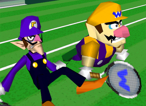 mario and wario are playing tennis on a green court