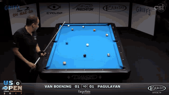 a pool table with a man holding a cue in front of a sign that says griff 's
