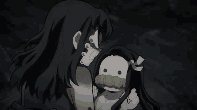 a cartoon of a girl holding a doll with a face on it