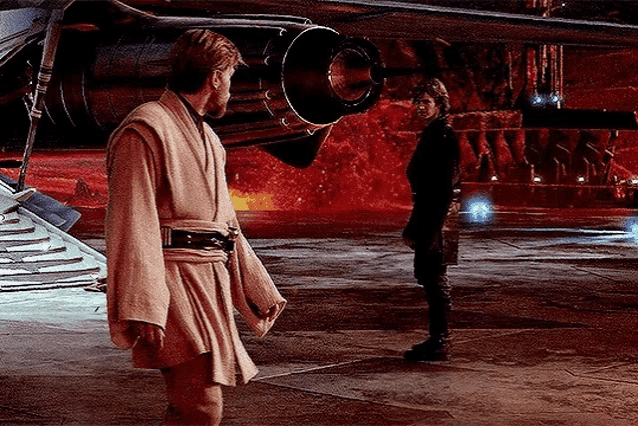 two men in a star wars movie are standing next to each other in front of a plane .