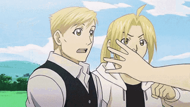 a couple of anime characters standing next to each other with one holding another 's arm
