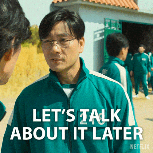 a man in a green jacket says let 's talk about it later in a netflix advertisement