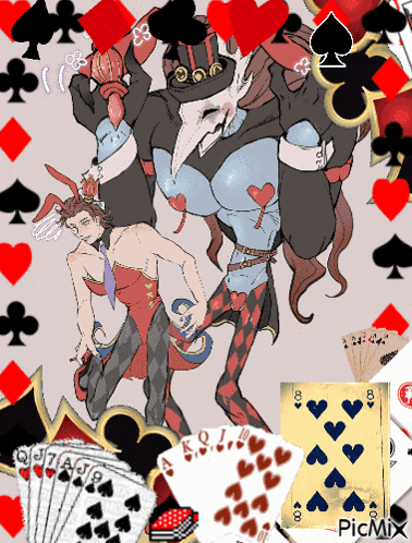 a drawing of a man and a woman surrounded by playing cards and hearts with the word picmix on the bottom