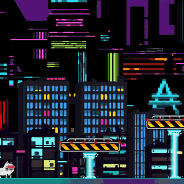 a pixel art of a city at night with a sign that says danger