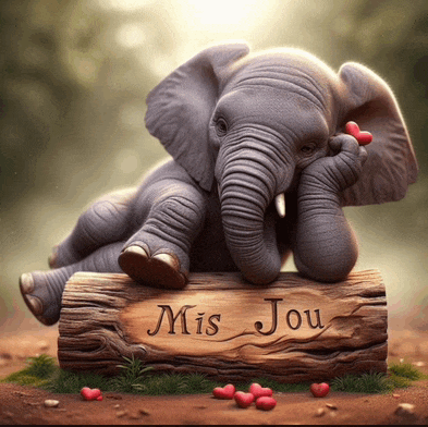 a baby elephant laying on a log with a sign that says mis jou