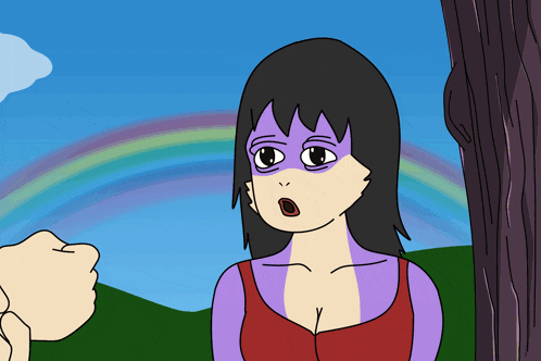 a cartoon drawing of a woman with a purple face