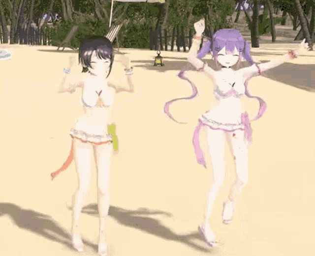 two anime girls in bikinis are dancing on a sandy beach .
