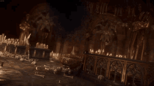 a dark room with a lot of candles and bones