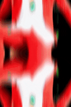 a red white and black background with a green eye