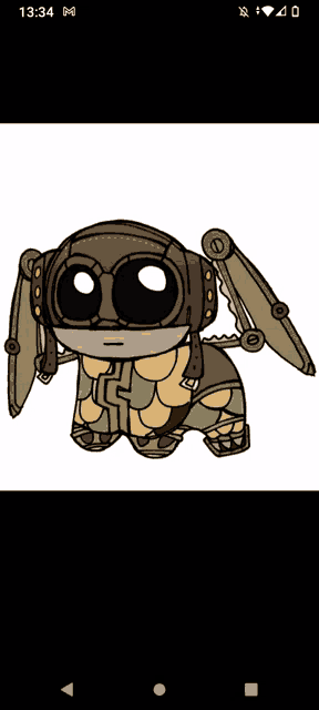 a cartoon drawing of a robot with wings and a helmet shows the time as 13:34
