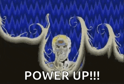 a teddy bear is standing in front of a red and blue background with the words `` power up '' written on it .