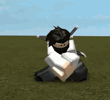 a roblox character is kneeling down in the grass with two swords in his hair .