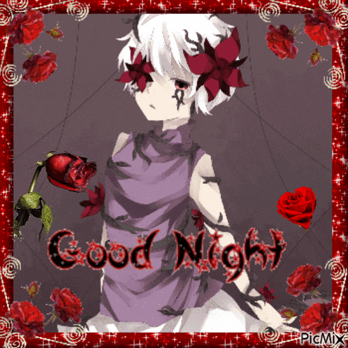 a picture of a girl with red roses and the words good night on it