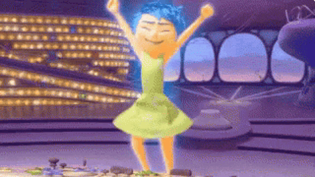 a cartoon character with blue hair and a green dress is dancing .