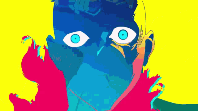 a cartoon drawing of a man 's face with blue eyes on a yellow background