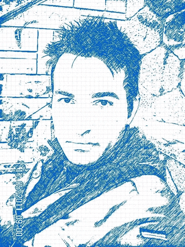a blue and white drawing of a man with the date 11 05 2011