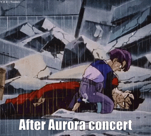 a cartoon of a man laying on the ground with the words after aurora concert on the bottom