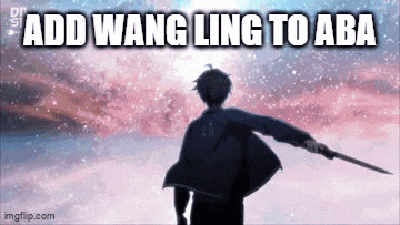 a man is holding a sword in front of a galaxy with the words `` add wang ling to aba '' written on it .