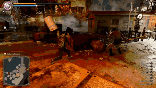 a screenshot of a video game with a beer keg in the background