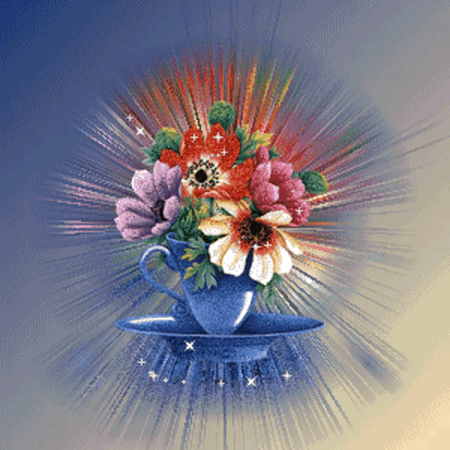 a blue cup with flowers in it on a blue background