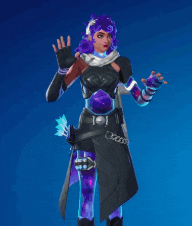 a video game character with purple hair and a bow