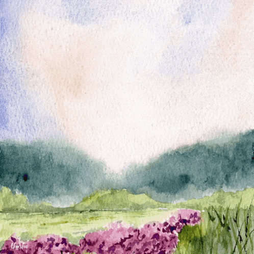 a watercolor painting of a field with purple flowers and mountains