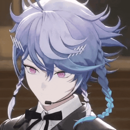 a close up of a person 's face with blue hair and pink eyes