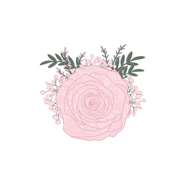 a pink rose surrounded by baby 's breath and leaves on a white background