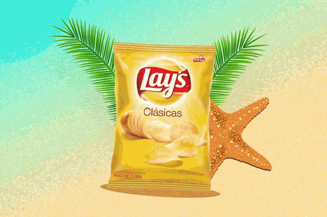 a bag of lays chips with a starfish and palm leaves behind it
