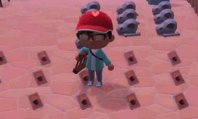 a person is holding a gun in a video game while standing on a tiled floor .