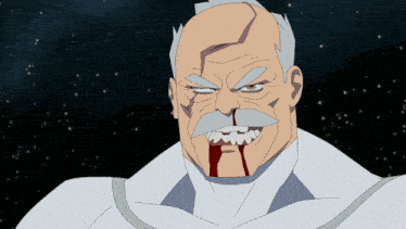 a cartoon drawing of a man with a mustache and blood coming out of his nose