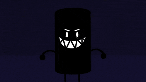 a black cylinder with arms and legs is smiling and making a funny face .