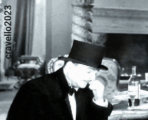 a black and white photo of a man wearing a top hat with cravelo2023 written on the bottom