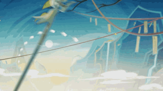a cartoon drawing of a person holding a sword with a blue sky in the background