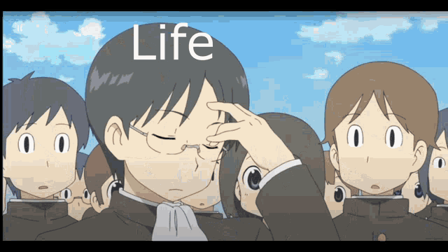 a cartoon of a group of people with the word life above them