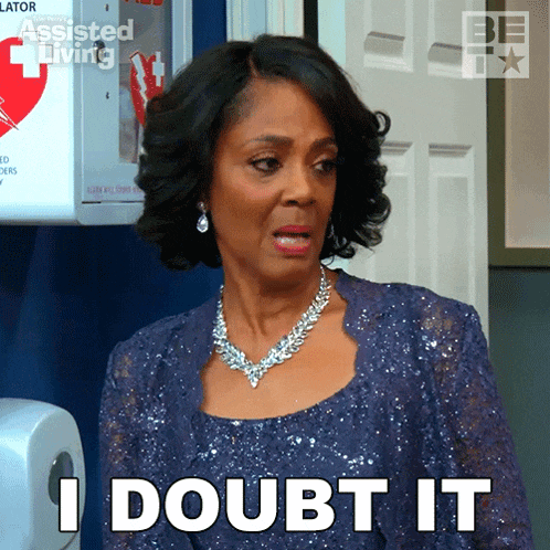 a woman in a blue dress is making a funny face and saying i doubt it