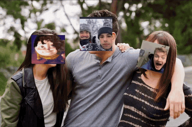 a group of people are posing for a picture with their faces covered by pictures of themselves