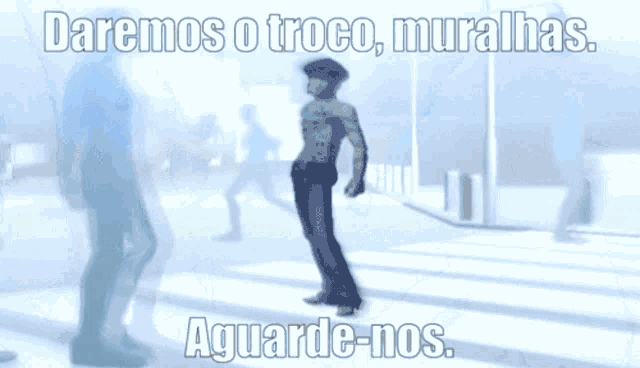 a blurred image of people walking with the words daremos o troca muralhas
